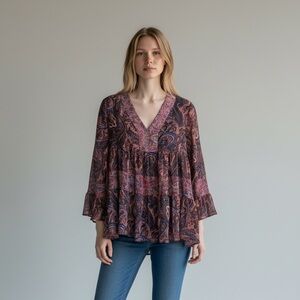 Altar’d State Paisley V-Neck Boho Flowy Long Sleeve Blouse - Purple and Pink
